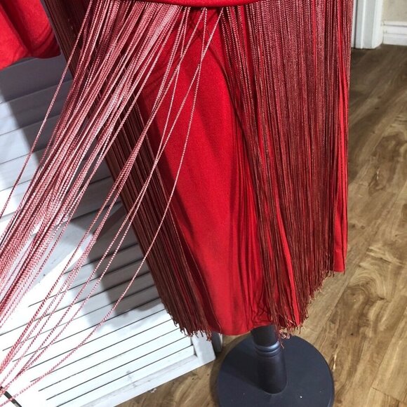 Vintage rare 70s Red Fringe 20s Flapper style elegant Cocktail Dress Sz L - Picture 11 of 13